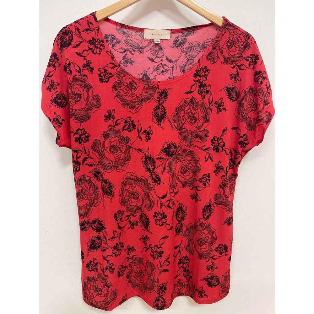 Diana Belle Red Black Floral Rose Print Scoop Neck Short Sleeve Top Large